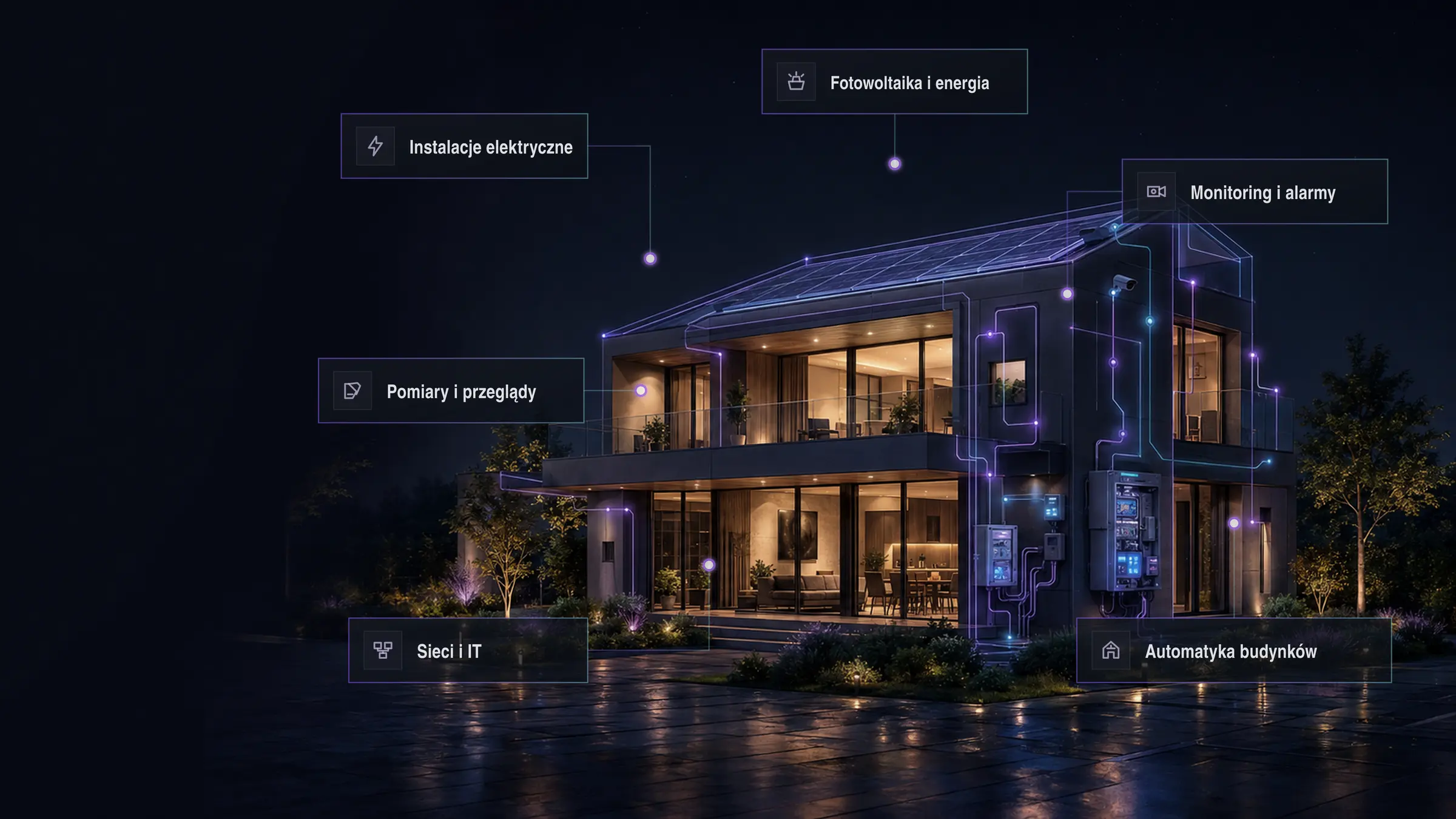 Nowoczesny budynek z cyfrową siatką instalacji i punktami pomiarowymi